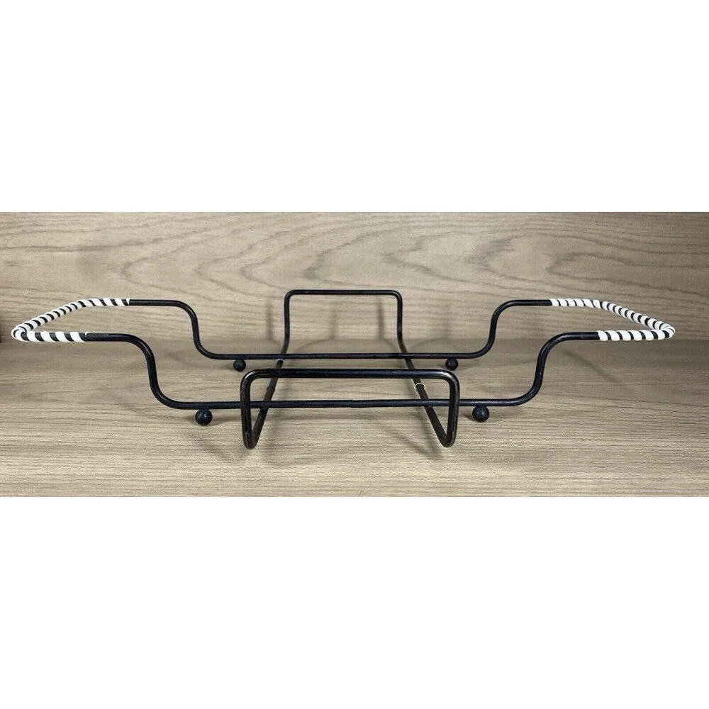 Vtg Casserole Cradle Kitchen Black Metal White Wrapped Handles for 8